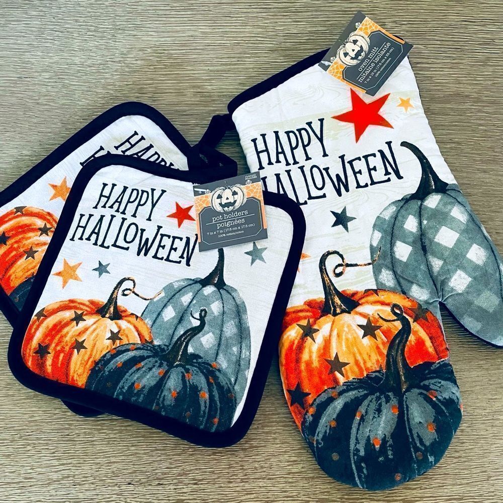 Halloween Pumpkin 3-pc Pot Holders & Oven Mitt Set
